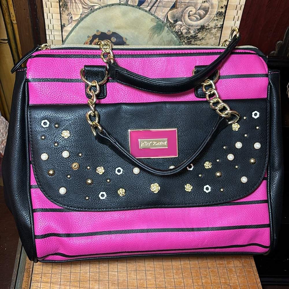 Betsey Johnson Studs and Flowers Black Hot Pink Striped Bag 11.5”Wx10”Hx5.75”D - Picture 14 of 17